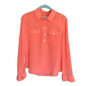 Banana Republic 100% Silk Blouse- Popover Half Button Roll Tab Sleeve- Coral/SM